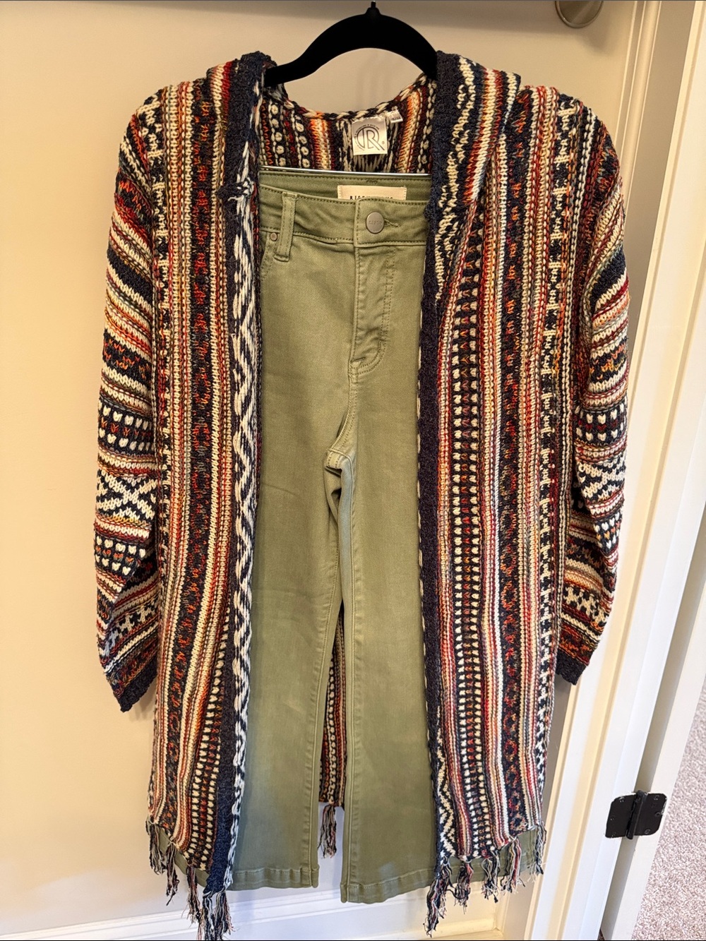 Boho Multicolor Striped Fringe Cardigan with Risen Cropped Wide Leg Olive Jeans